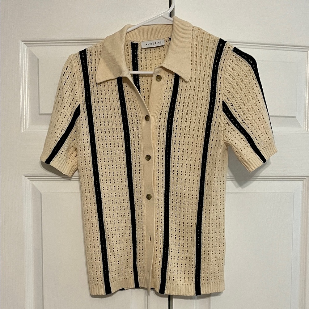 Anine Bing Cream Short-Sleeve Button-Down with Black Stripes